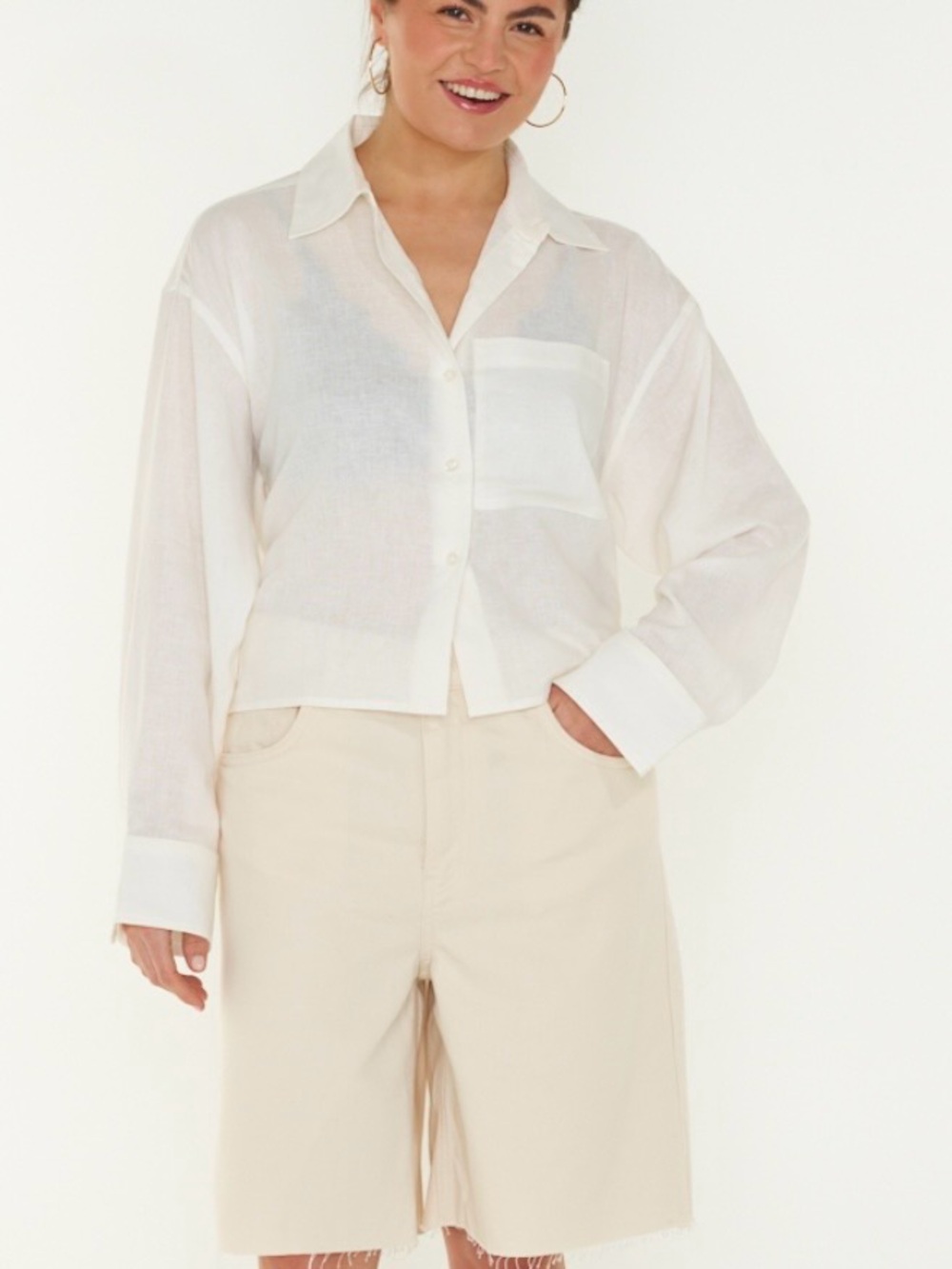 Cropped White Button-Up Shirt - Lightweight Classic cotton/linen blend L